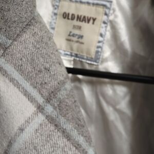 Old Navy Light Gray and Cream Plaid Coat with Subtle Blue Accents